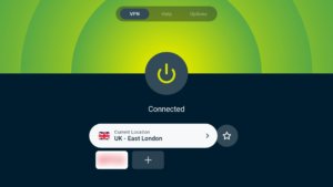 ExpressVPN app interface showing an active VPN connection on Android TV.