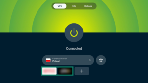 ExpressVPN app interface showing an active connection screen on Android TV. App shortcuts are highlighted.