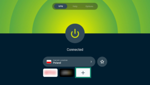 ExpressVPN app interface showing an active connection screen on Android TV. The plus sign next to app shortcuts is highlighted.