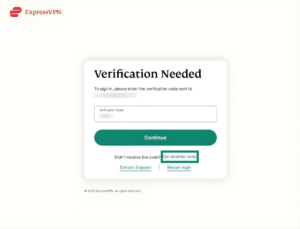 ExpressVPN verification code screen on Windows. The Get another code button is highlighted.