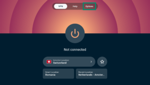 ExpressVPN app interface showing the VPN tab on Android TV. The Options tab is highlighted.