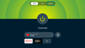 ExpressVPN app interface showing an active connection on Android TV. The Options tab is highlighted.
