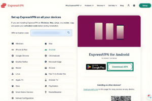 ExpressVPN Android app download page on Windows. The Download APK button is highlighted.