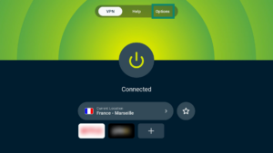 ExpressVPN app interface showing an active connection on Android TV. The Options tab is highlighted.