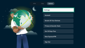 ExpressVPN app interface showing the Options tab on Android TV. The Settings option is highlighted.