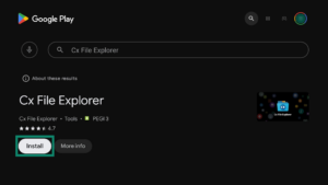 Google Play Store page on an Android TV showing the Cx File Explorer app page. The Install button is highlighted.