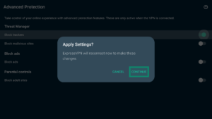 ExpressVPN app interface showing a popup window asking to confirm changes made to settings. The Continue button is highlighted.