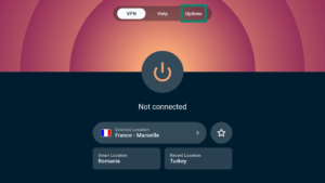 ExpressVPN app interface showing the VPN tab on Android TV. The Options tab is highlighted.