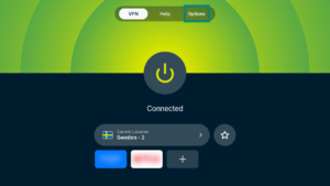 ExpressVPN app interface showing the VPN tab on Android TV. The Options tab is highlighted.