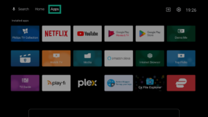 Installed apps on an Android TV. The Apps tab is highlighted.