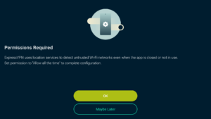 ExpressVPN app interface showing a permission request for location services on Android TV.