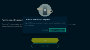 ExpressVPN app interface showing a location permission request popup on Android TV. The Grant Permission button is highlighted.