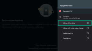 ExpressVPN app interface showing app location permission levels on Android TV. The Allow all the time option is highlighted.