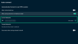 ExpressVPN app interface showing the Auto-connect page on Android TV. The Current Networks list is highlighted.