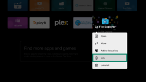 App options menu for the Cx File Explorer app on an Android TV. The Info option is highlighted.