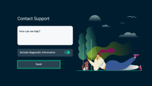 ExpressVPN app interface showing the Contact Support page on Android TV. The Send button is highlighted.
