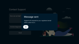 ExpressVPN app interface showing a support request notification on Android TV.