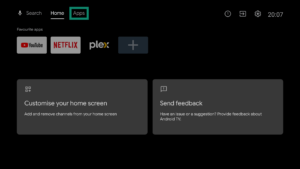 Android TV home screen. The Apps tab is highlighted.