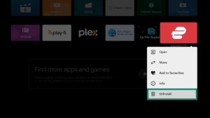 Apps tab on Android TV. The ExpressVPN app settings are open and the Uninstall button is highlighted.