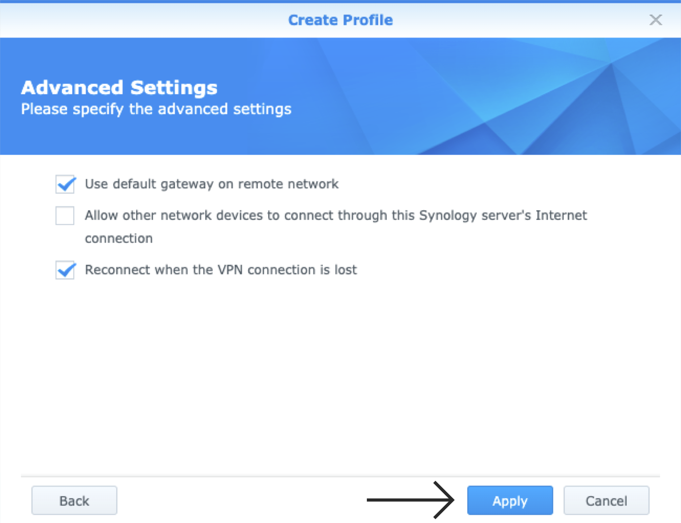 Click “Apply” to continue with your OpenVPN settings.