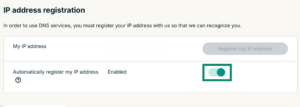 ExpressVPN IP address registration screen with Automatically register my IP address toggle highlighted.