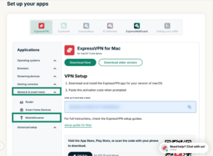 The Set up your apps page in the ExpressVPN+ portal, showing the "Network & smart home" dropdown menu, and "MediaStreamer" as a highlighted option.