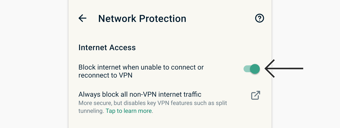Aktivera eller inaktivera alternativet "Blockera internet när det inte går att ansluta eller återansluta till VPN".