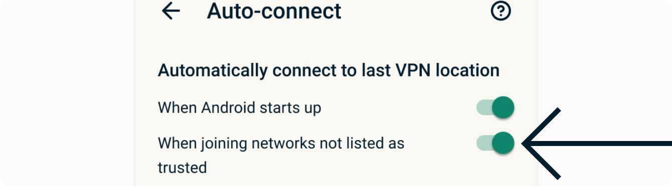 Image shows an arrow pointing at the "When joining networks not listed as trusted". The option is toggled on.