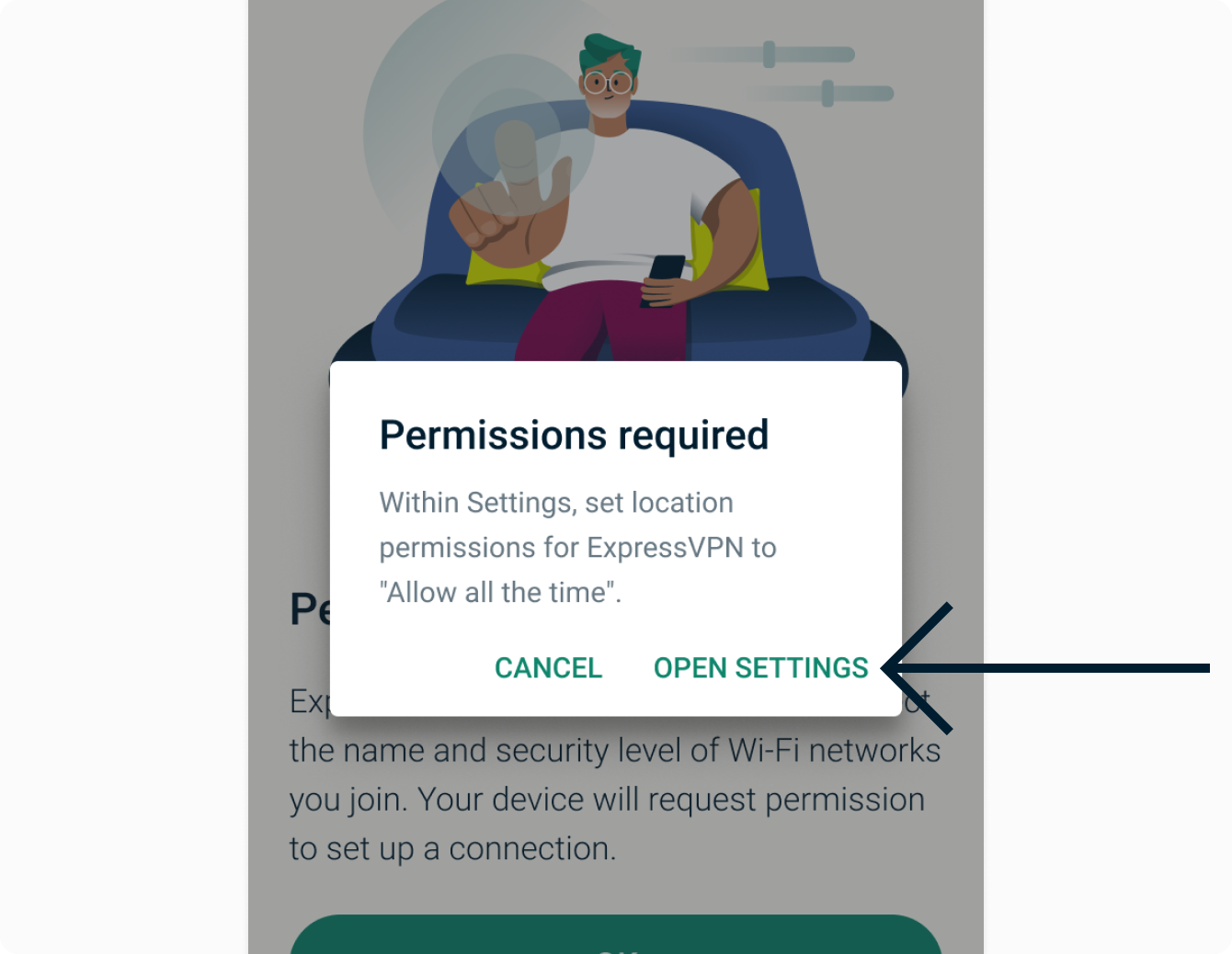 An arrow points at the "OPEN SETTINGS" option in the "Permissions required" pop-up