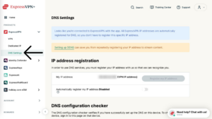 ExpressVPN user dashboard with DNS Settings highlighted in the left sidebar menu.