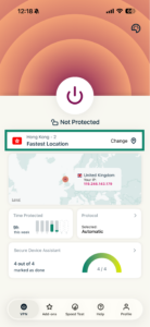 The ExpressVPN mobile app dashboard showing "Not Protected" status, with a green highlight box surrounding the "Fastest Location" (Hong Kong - 2) selection bar.