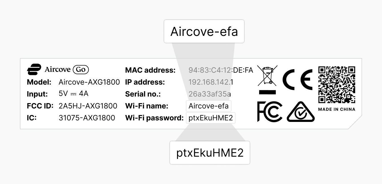 wifi name and password on aircove back label