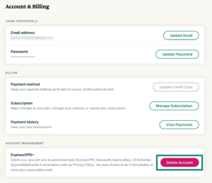 The "Delete Account" button highlighted in the Account & Billing page in the ExpressVPN+ portal.
