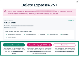 The "Delete ExpressVPN+" pop-up in the ExpressVPN+ portal, showing three options: cancel Subscription, Delete After Expiry, and Delete Now.