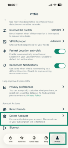 The Profile tab in the ExpressVPN for iOS, with a highlighted "Delete Account" option.
