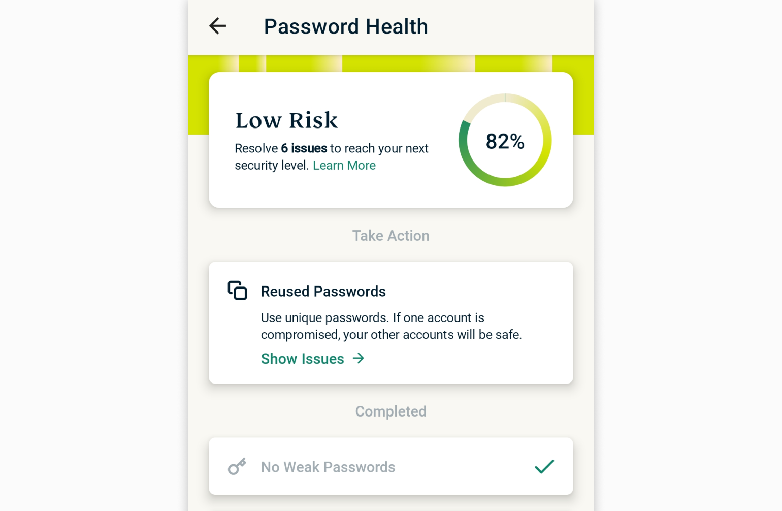 The user interface of Password Health. 