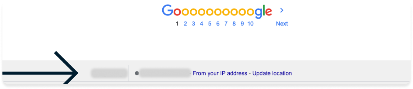 Bottom of the Google Search page with an arrow pointing to the user's IP address location as recognized by Google.