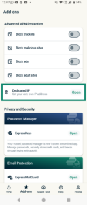 Screenshot of the ExpressVPN mobile app, highlighting Dedicated IP in the Add-ons tab