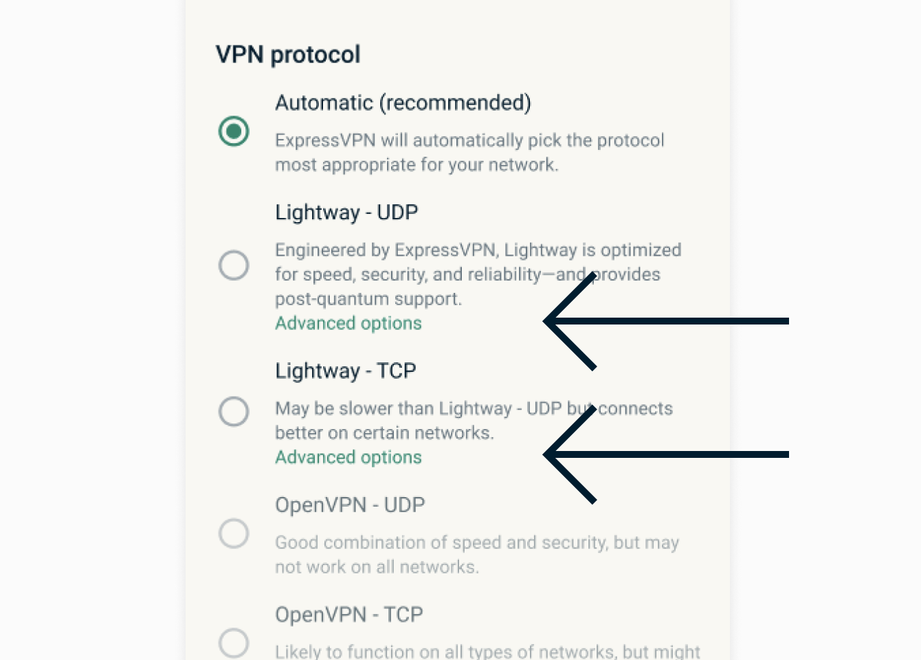 Capture d'écran des options avancées de Lightway.