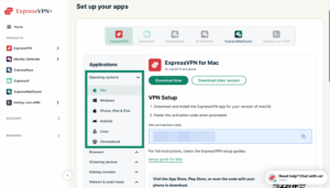 Operating systems section highlighted on the ExpressVPN+ portal setup page.