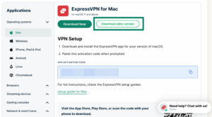 ExpressVPN+ portal Mac setup page with the Download older version button highlighted.