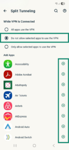 The split tunneling feature on the ExpressVPN Android app, showing the "Do not allow selected apps to use the VPN" option, with highlighted "+" signs next to each app.