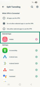 Split tunneling settings in the ExpressVPN app on Android, with a highlighted Selected Apps section for the Do not allow selected apps to use the VPN rule.