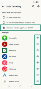 The split tunneling feature on the ExpressVPN Android app, showing the "Only allow selected apps to use the VPN" option, with highlighted "+" signs next to each app.