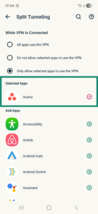 Split tunneling settings in the ExpressVPN app on Android, with a highlighted Selected Apps section for the Only allow selected apps to use the VPN rule.