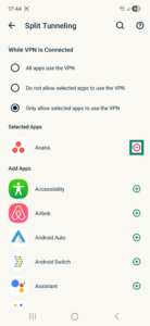 Split tunneling setting in the ExpressVPN all on Android, highlighting a minus sign next to an app in the Selected Apps list