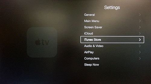 Apple TV instellingen menu met iTunes Store opgelicht.