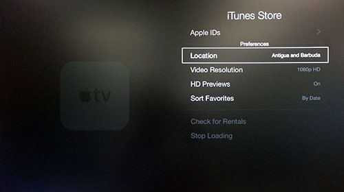 Окно iTunes Store в Apple TV с подсвеченным пунктом "Регион".