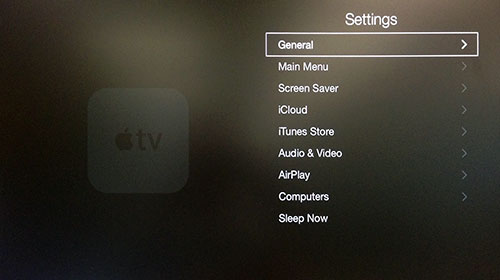 Apple TV Innstillinger-meny med Generelt framhevet.