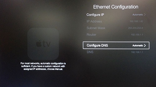 Apple TV Ethernet-konfigurasjonsmeny med Konfigurer DNS framhevet.